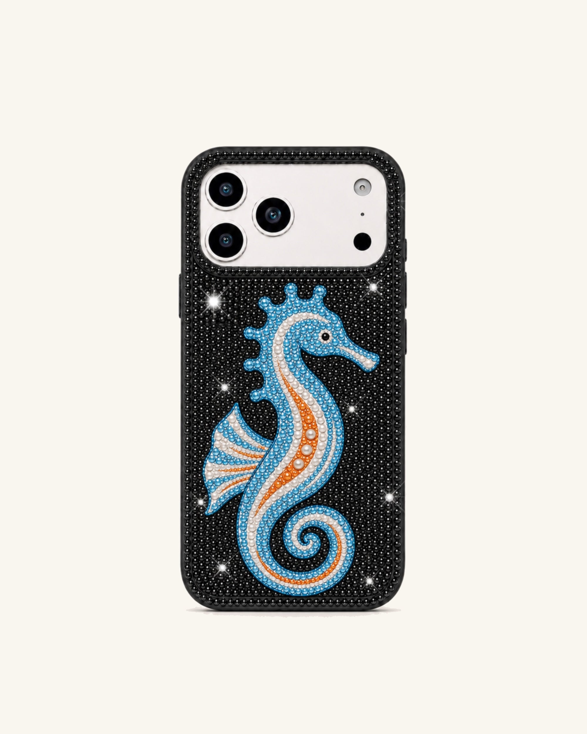 Pearl Seahorse Artificial Crystal Phone Case - Black