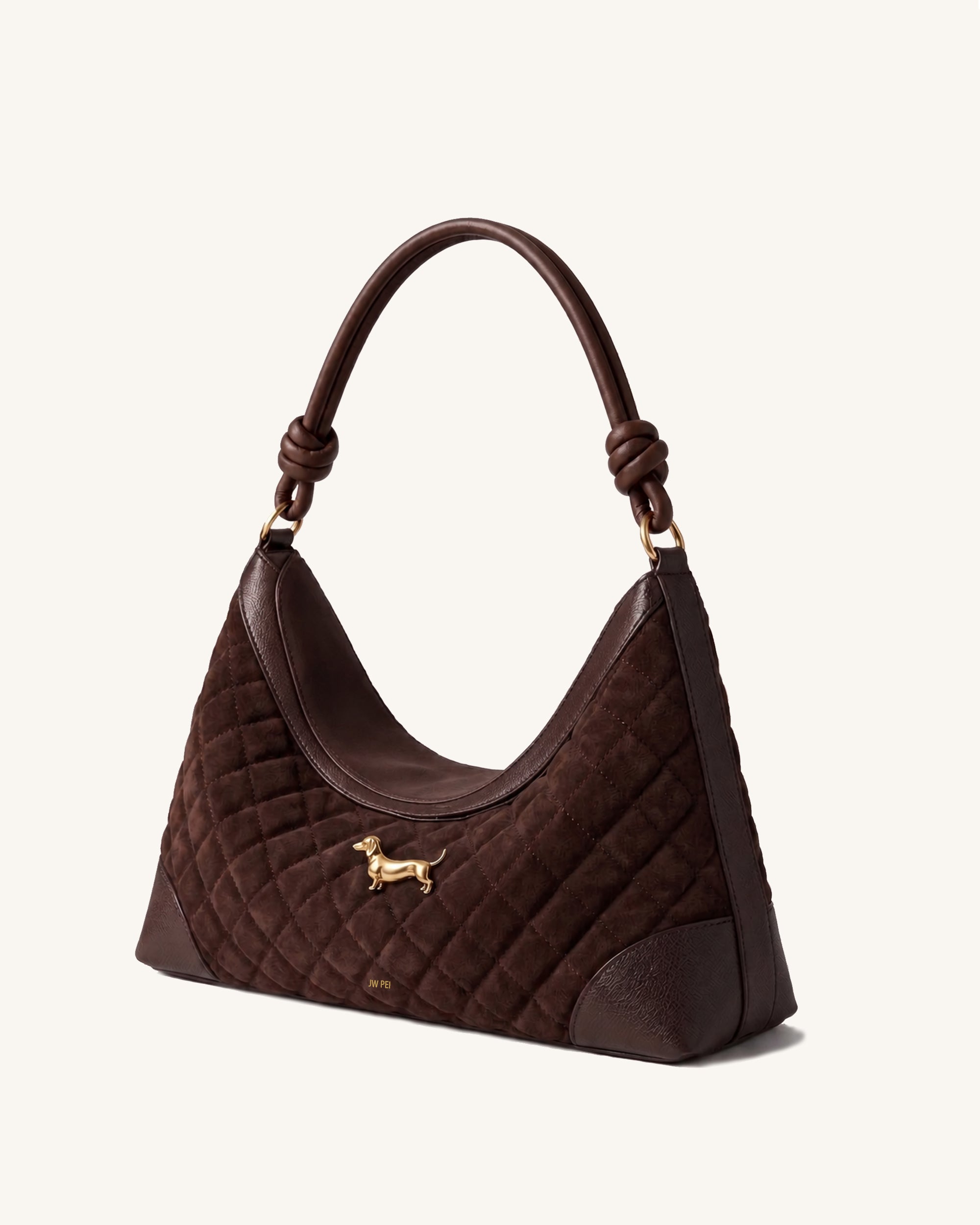 Riley Faux Suede Dachshund Quilted Hobo Shoulder Bag - Brown