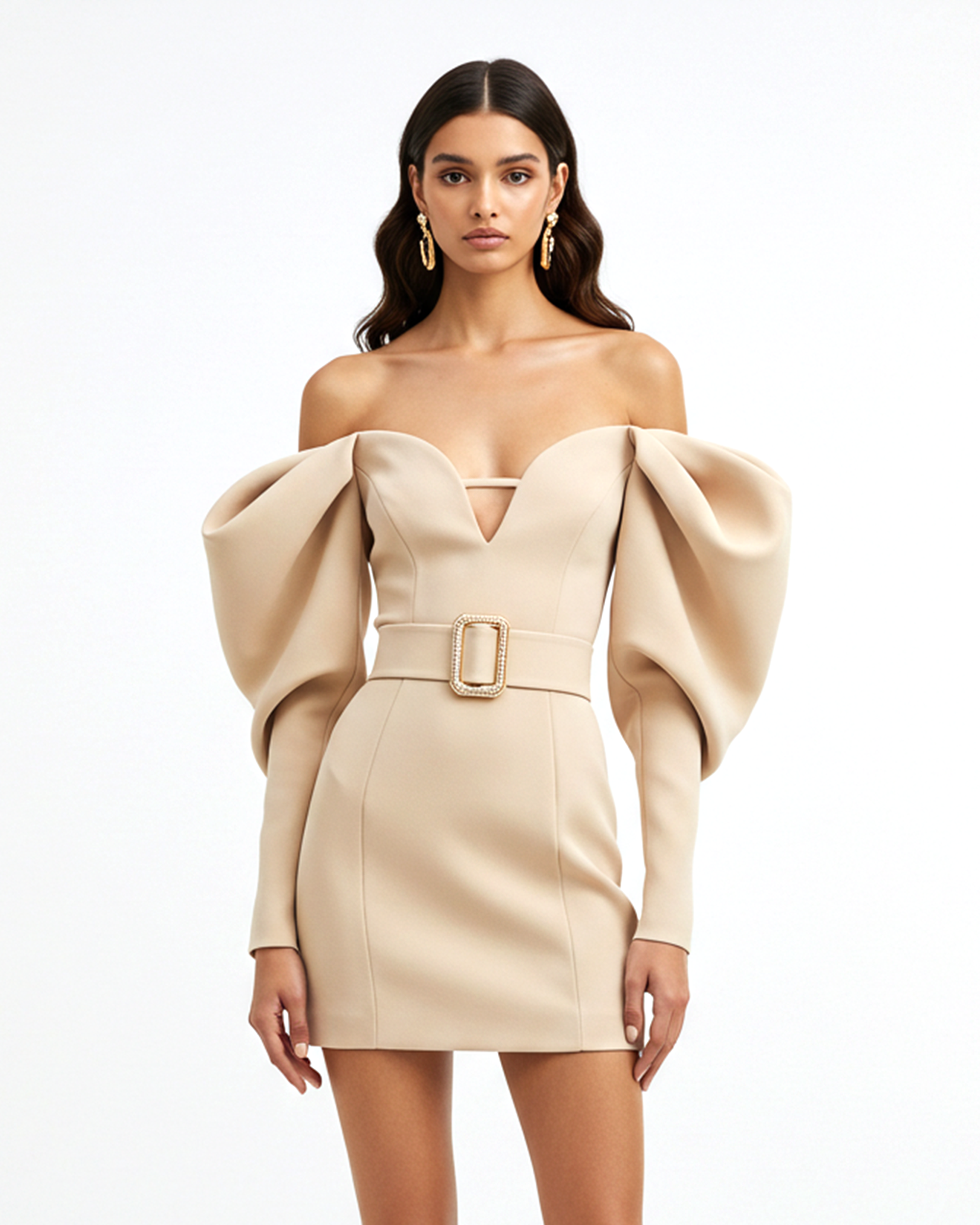 Belted Puff Sleeve Mini Dress – Light Khaki