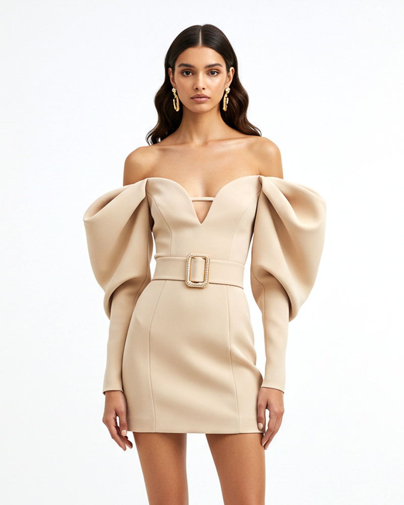 Belted Puff Sleeve Mini Dress – Light Khaki