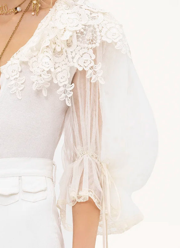 Floral Lace Puff Sleeve Bodysuit – White