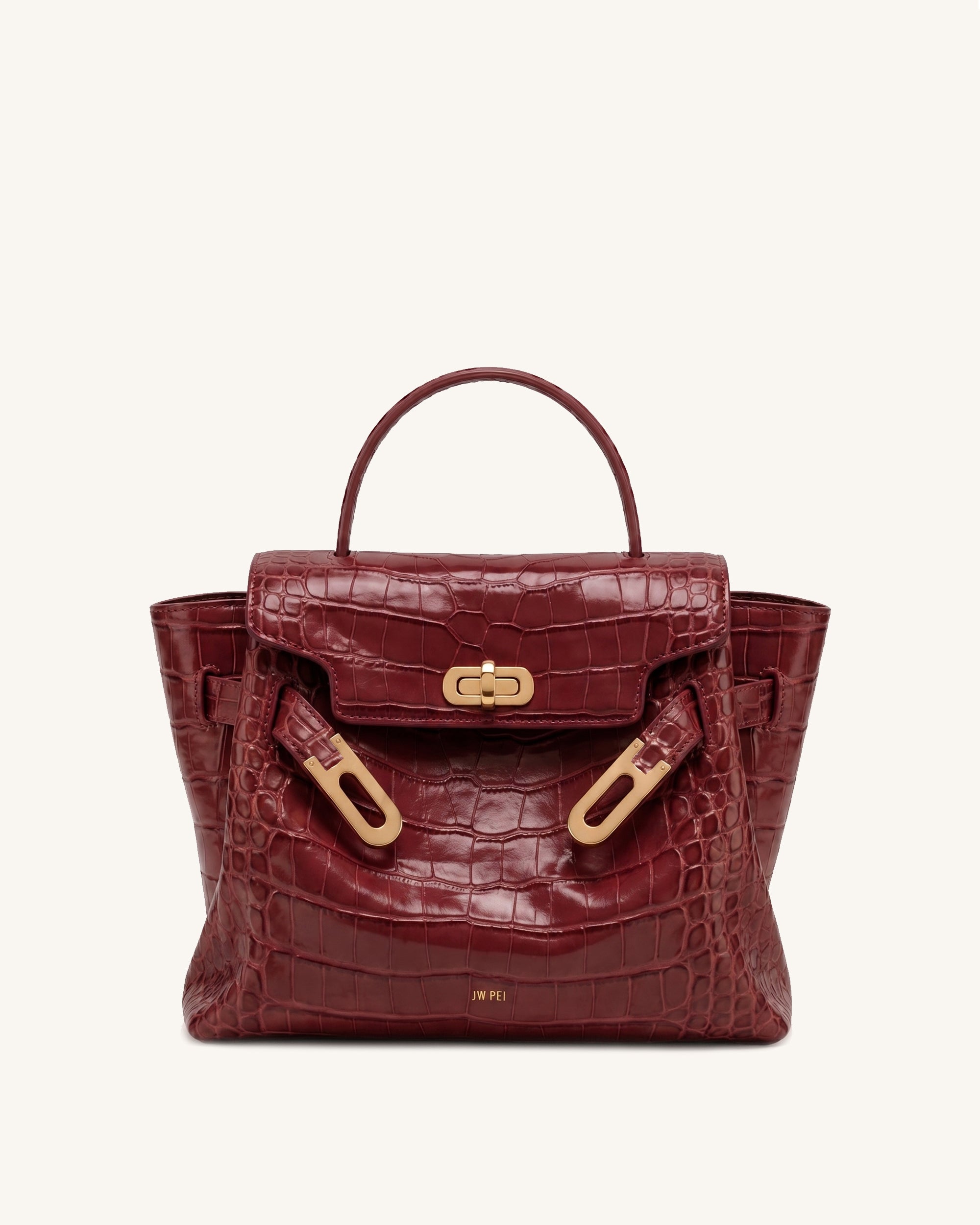 Rhea Double Buckle Top Handle Bag - Burgundy Croc