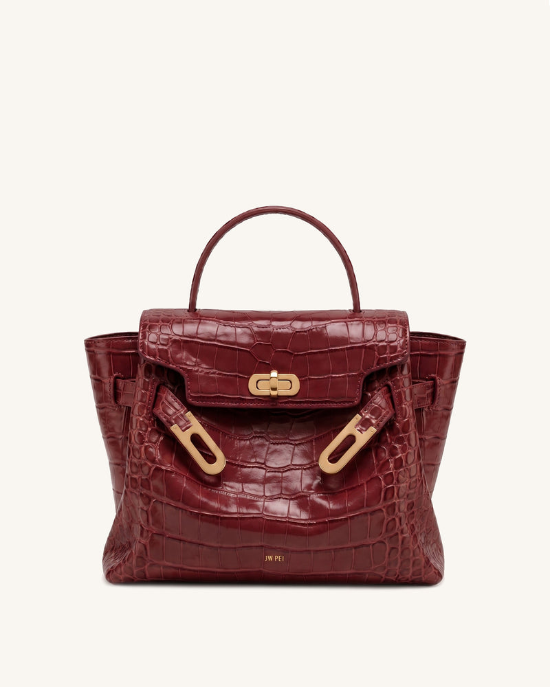 Rhea Double Buckle Top Handle Bag - Burgundy Croc