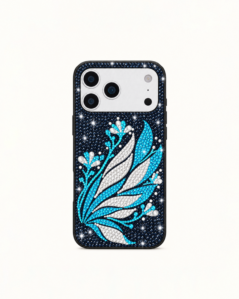 Artificial Crystal Floral Pattern Phone Case – Navy