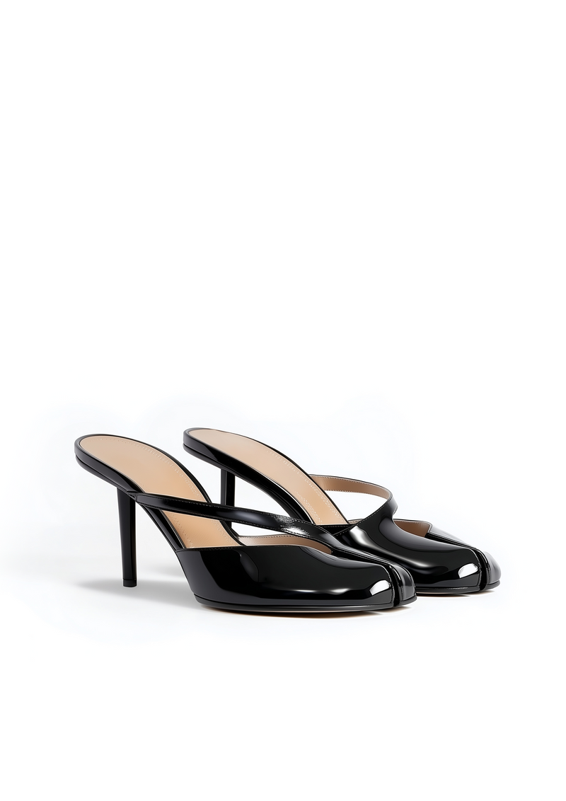 Ruby Glossy Peep-Toe Mules – Black