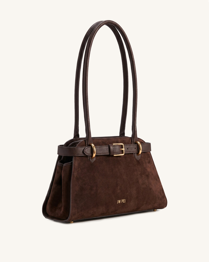 Elena Faux Suede-Paneled Trapeze Shoulder Bag - Dark Brown