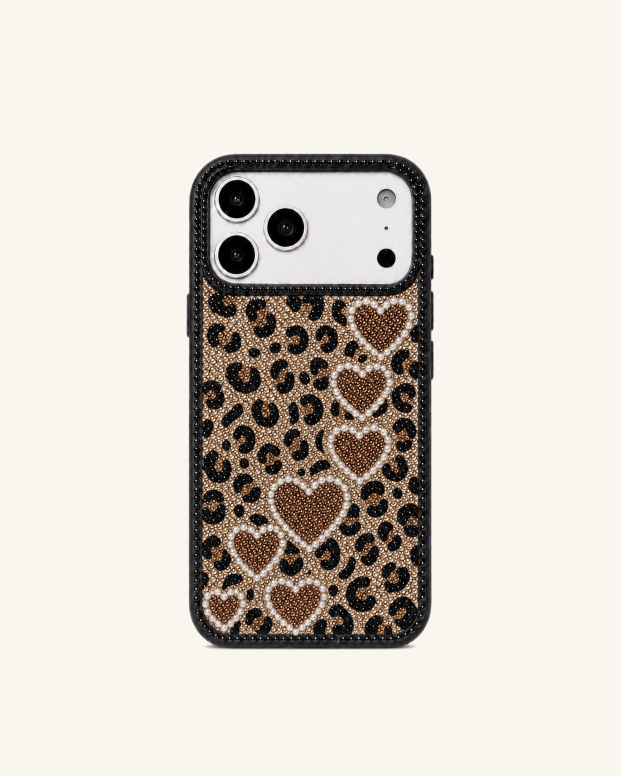 Leopard Heart Rhinestone Phone Case – Black