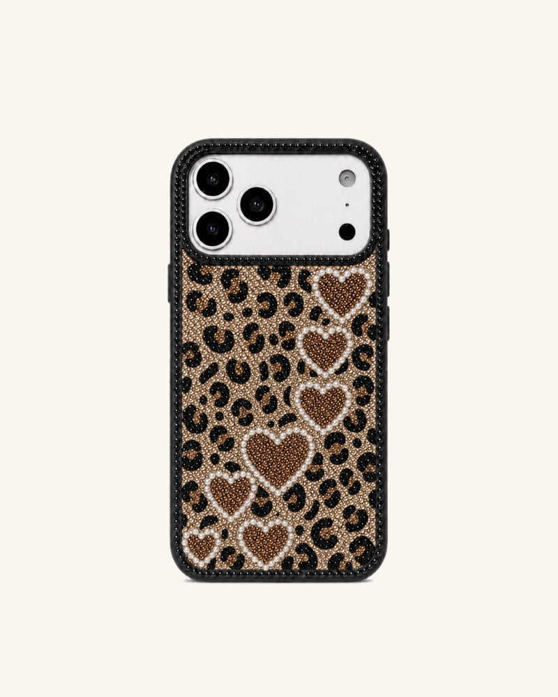 Leopard Heart Rhinestone Phone Case – Black