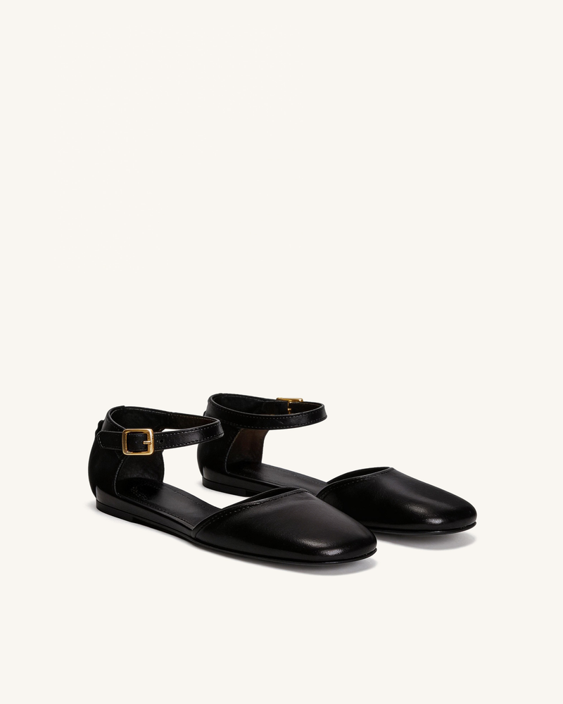 Luna Ankle Strap Flats – Black