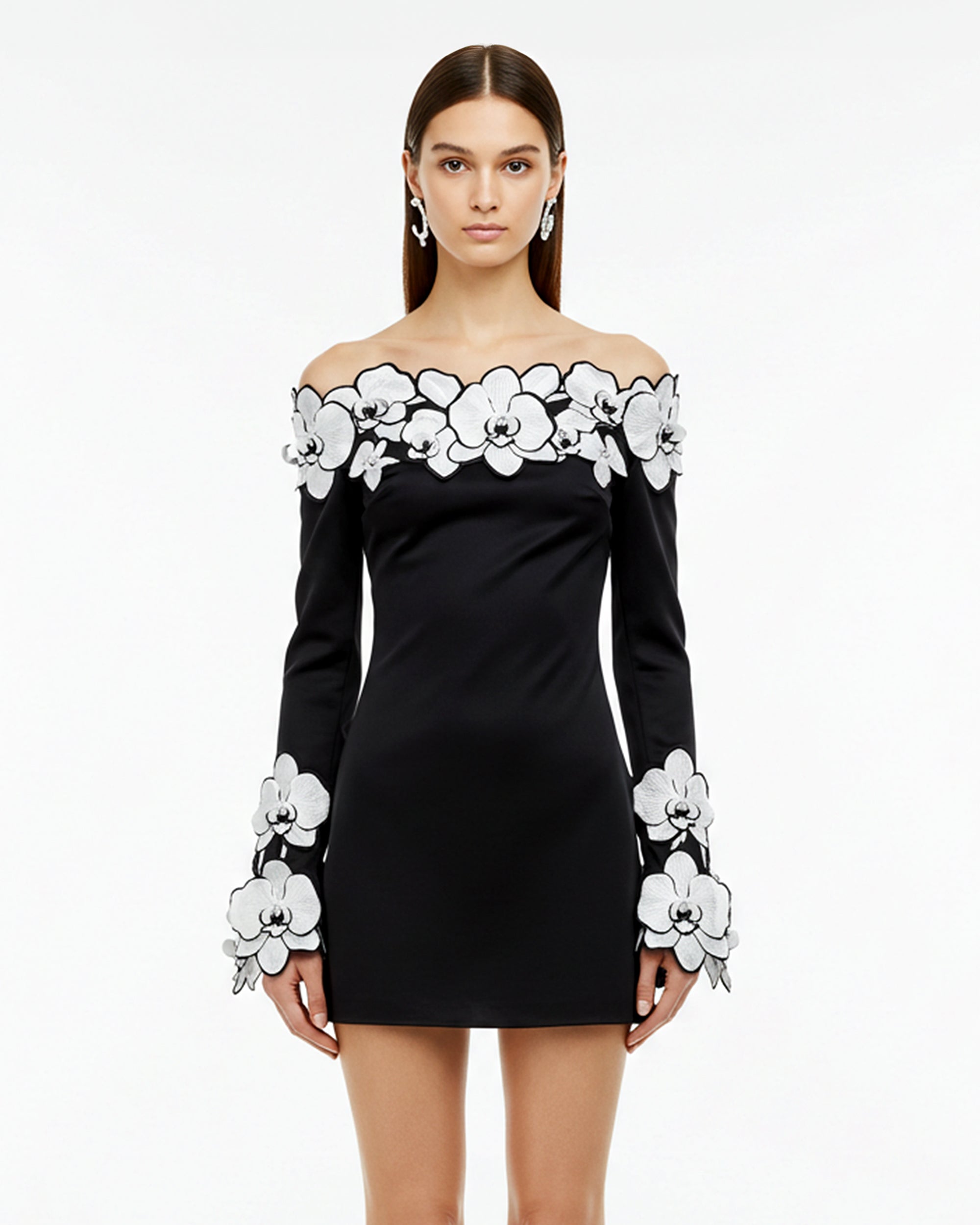 Orchid Embroidery Appliqué Off Shoulder Mini Dress – Black