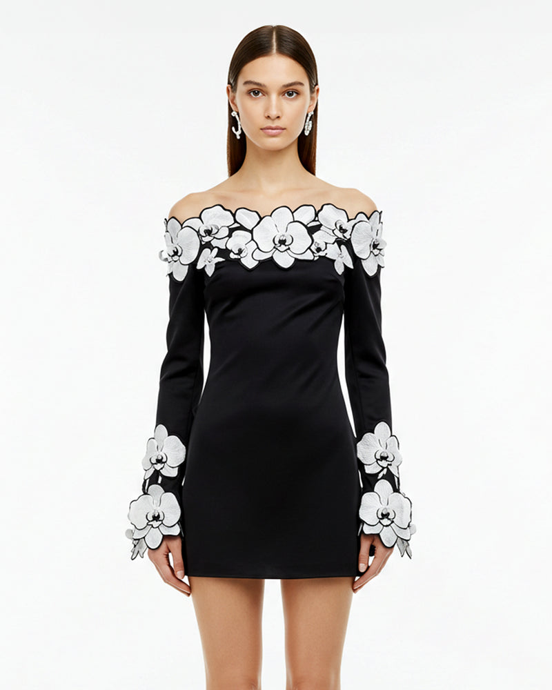 Orchid Embroidery Appliqué Off Shoulder Mini Dress – Black