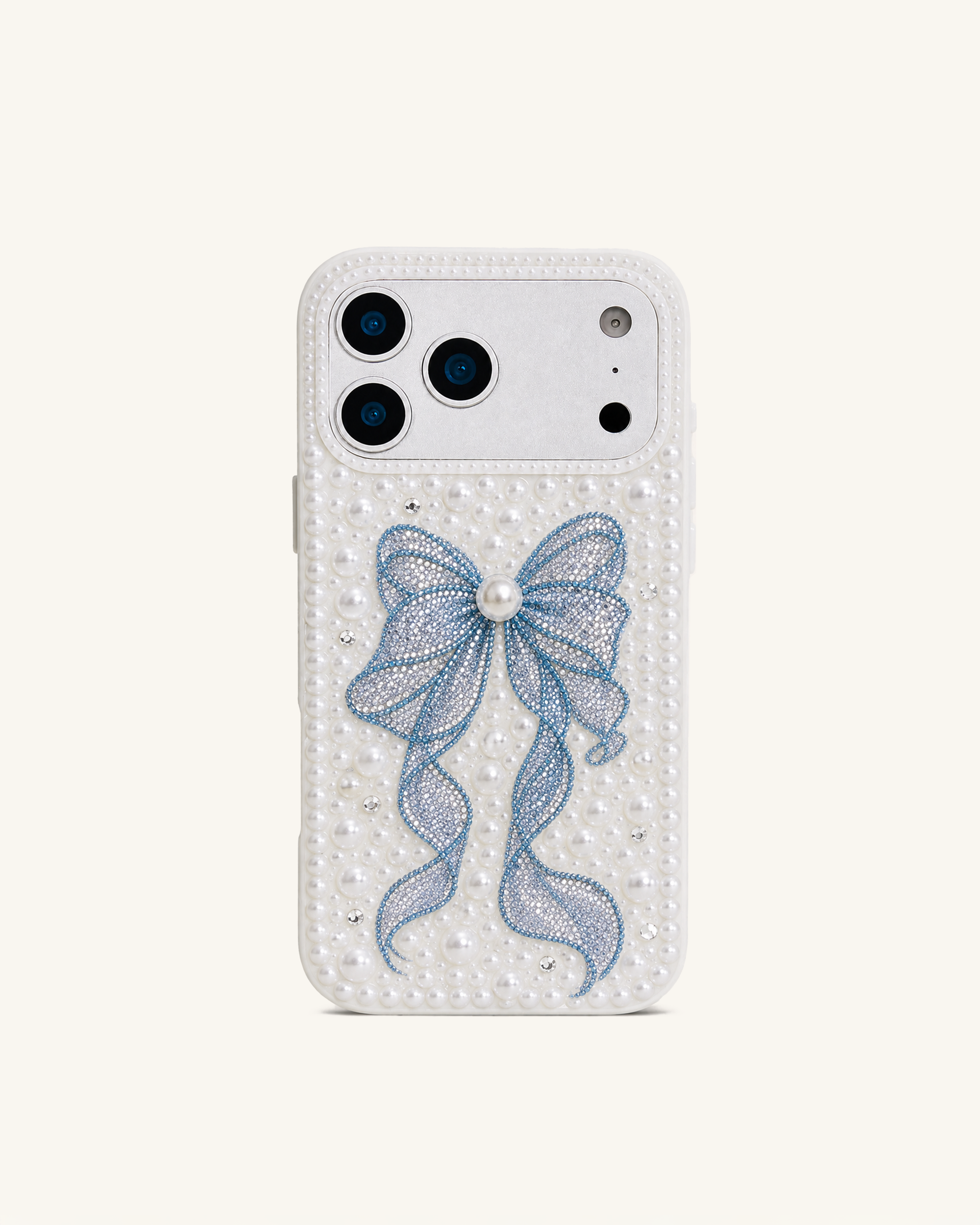 Pearl Artificial Crystal Ribbon Phone Case – White