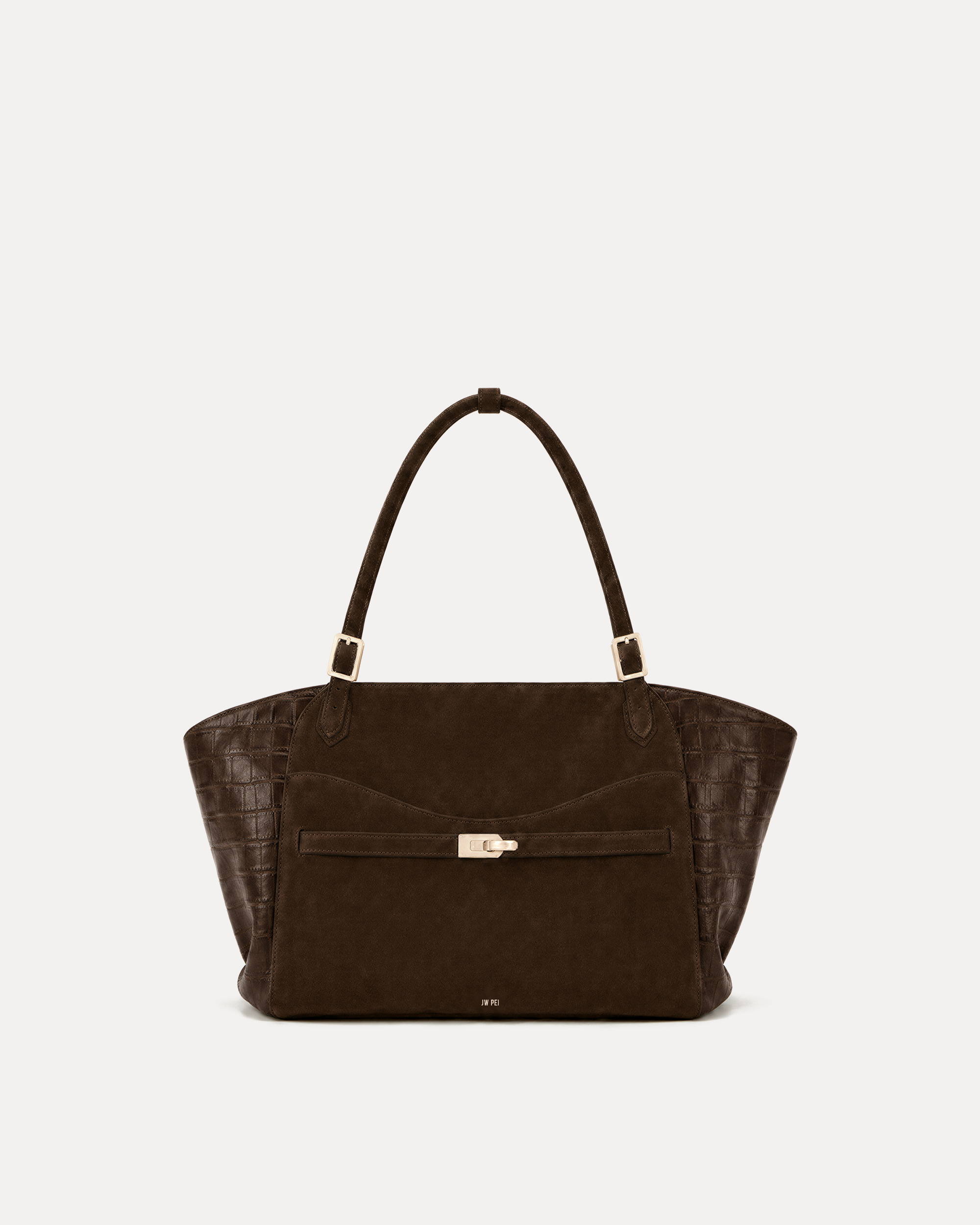Ayla Faux Suede Croc-Trim Winged Tote Bag - Dark Brown