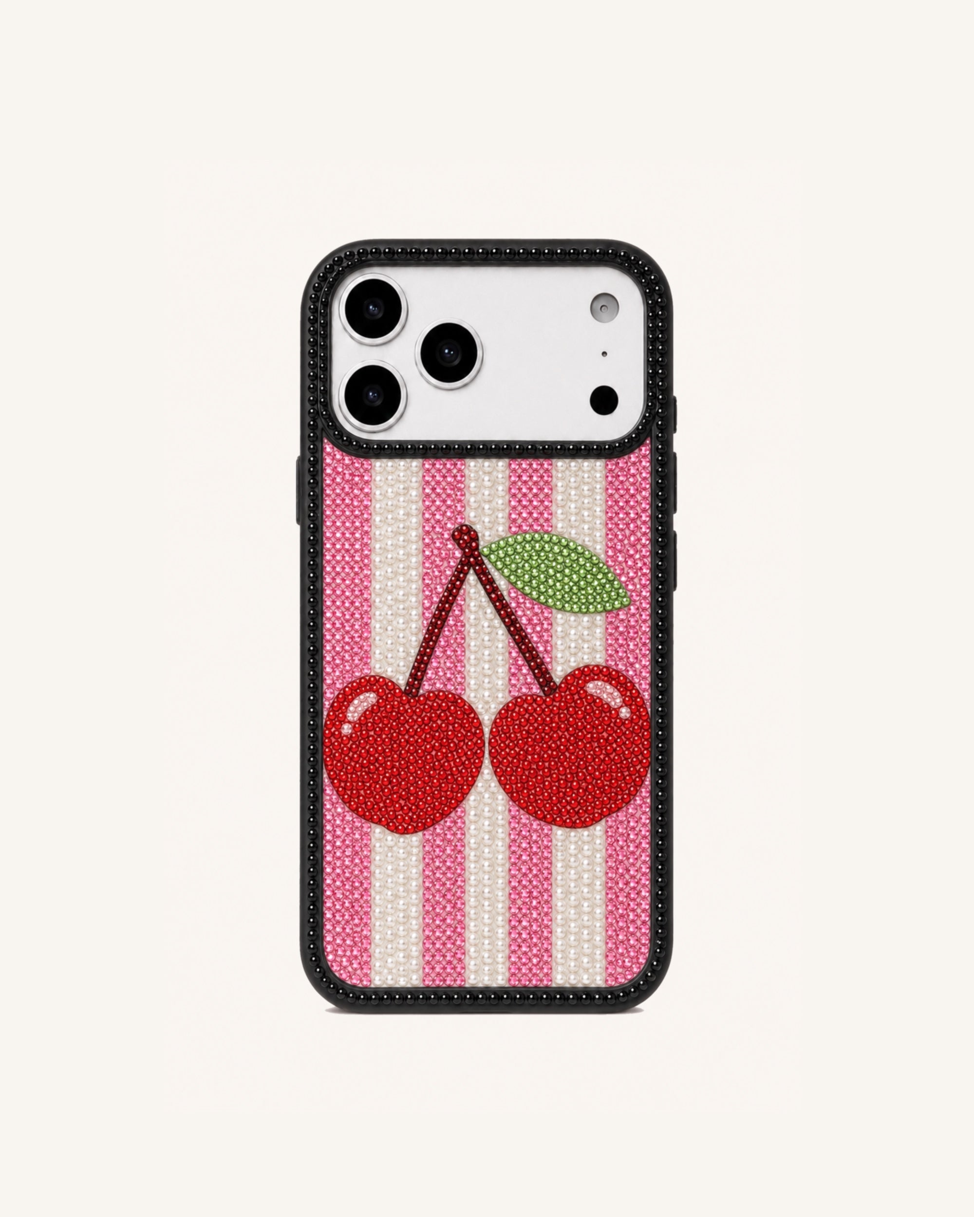 Cherry Stripe Rhinestone Phone Case – Black