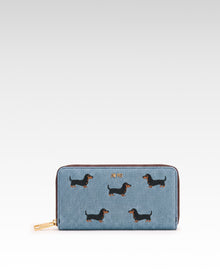Dachshund Embroidered Denim Zip Wallet - Blue