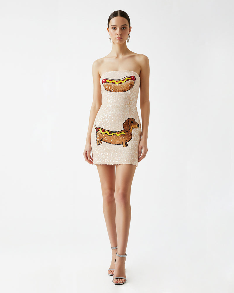 Sequin Hot Dog Strapless Dress – Beige