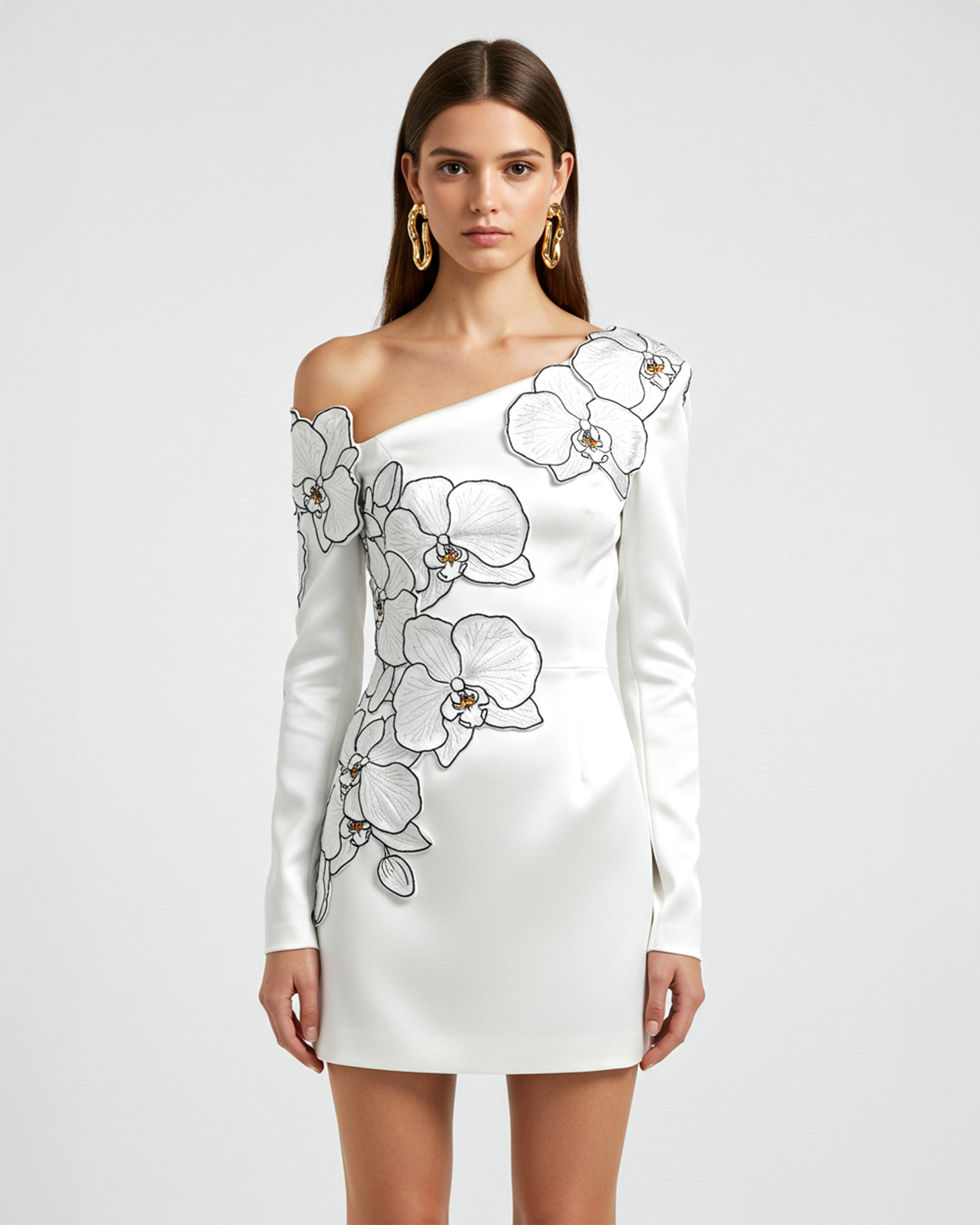 Orchid Appliqué Asymmetric Mini Dress – White