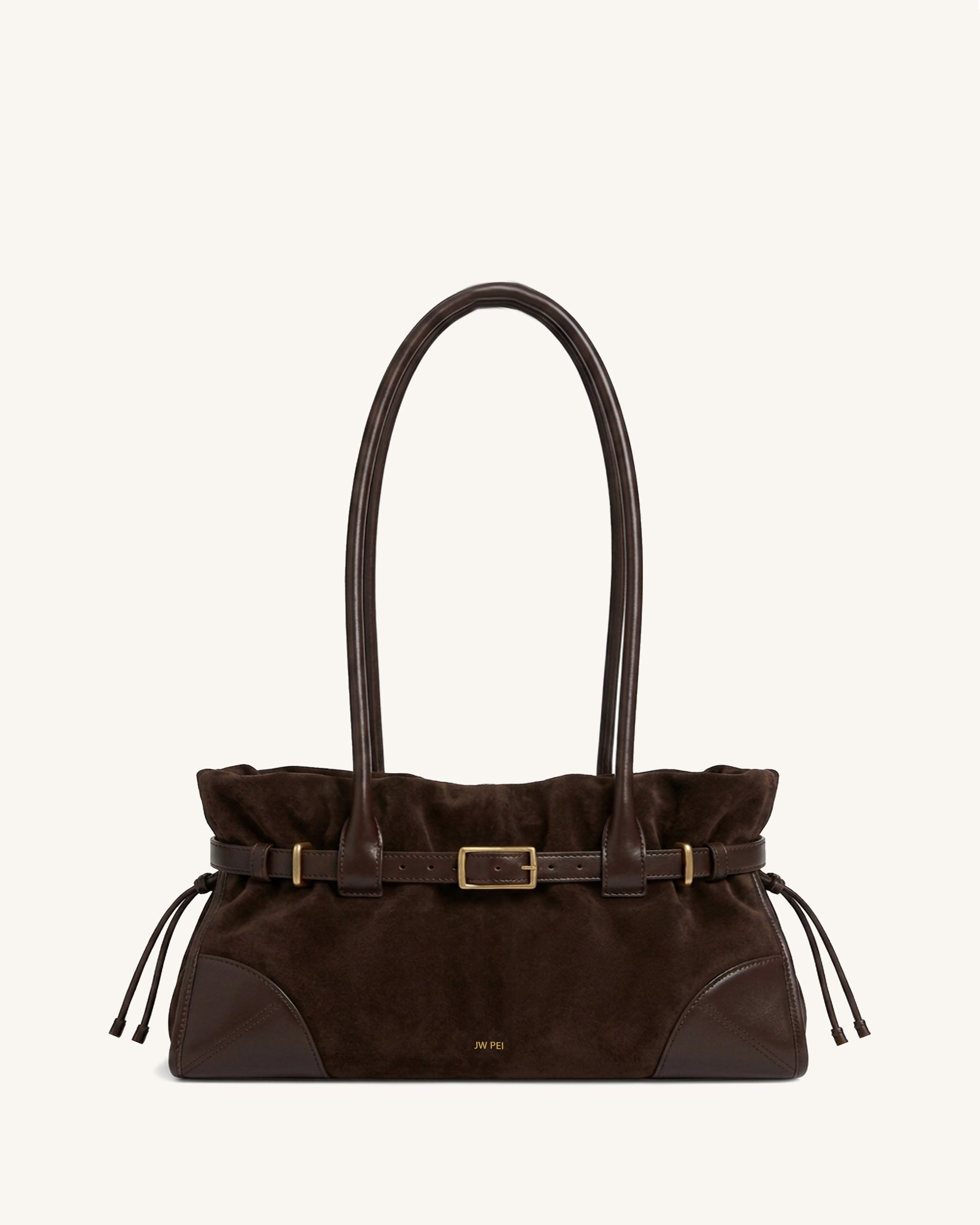 Nerissa Faux Suede Panel Drawstring Soft Shoulder Bag – Dark Brown