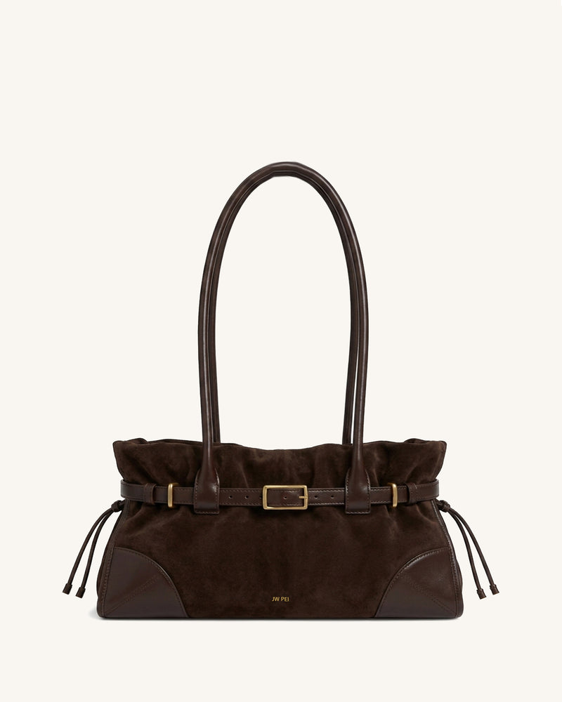 Nerissa Faux Suede Panel Drawstring Soft Shoulder Bag – Dark Brown
