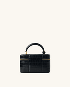 Cleo Box Shape Top Handle Bag - Black Croc