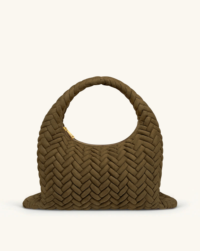 Cora Large Faux Suede Quilting Hobo Shoulder Bag - Dark Olive