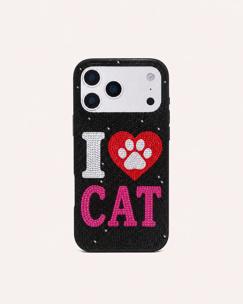 I Love Cat Artificial Crystal Phone Case - Black