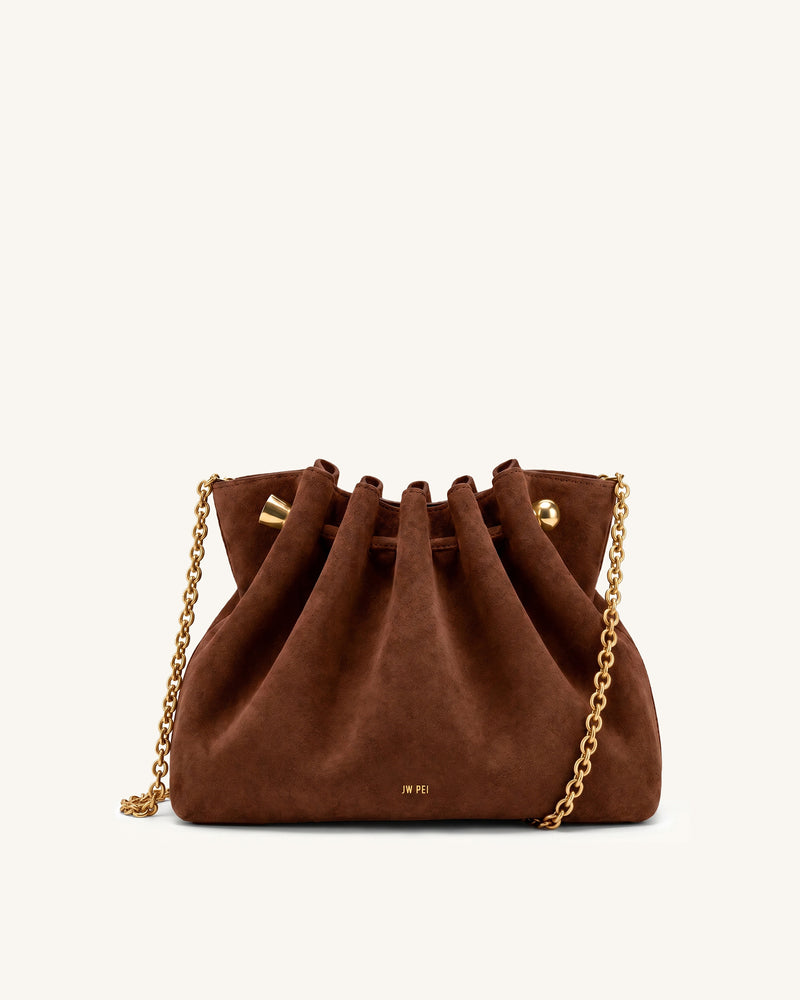 Naomi Gathered Faux Suede Chain Shoulder Bag - Brown