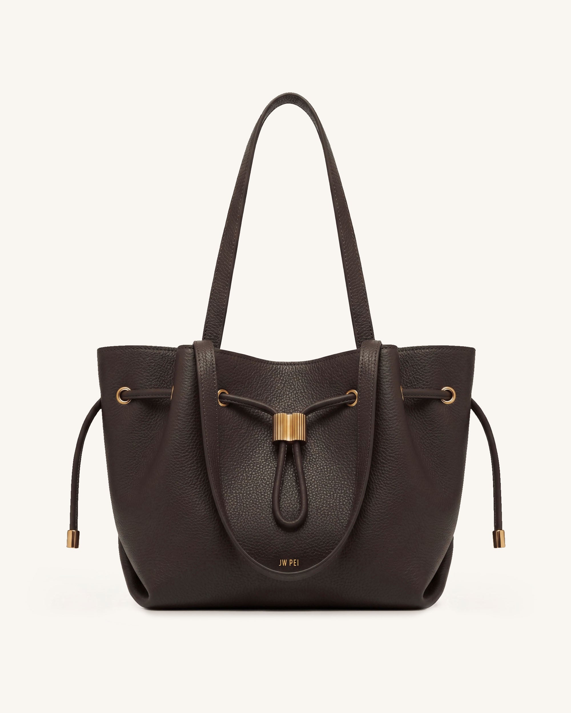 Celia Drawstring Pebbled Tote Bag - Dark Brown