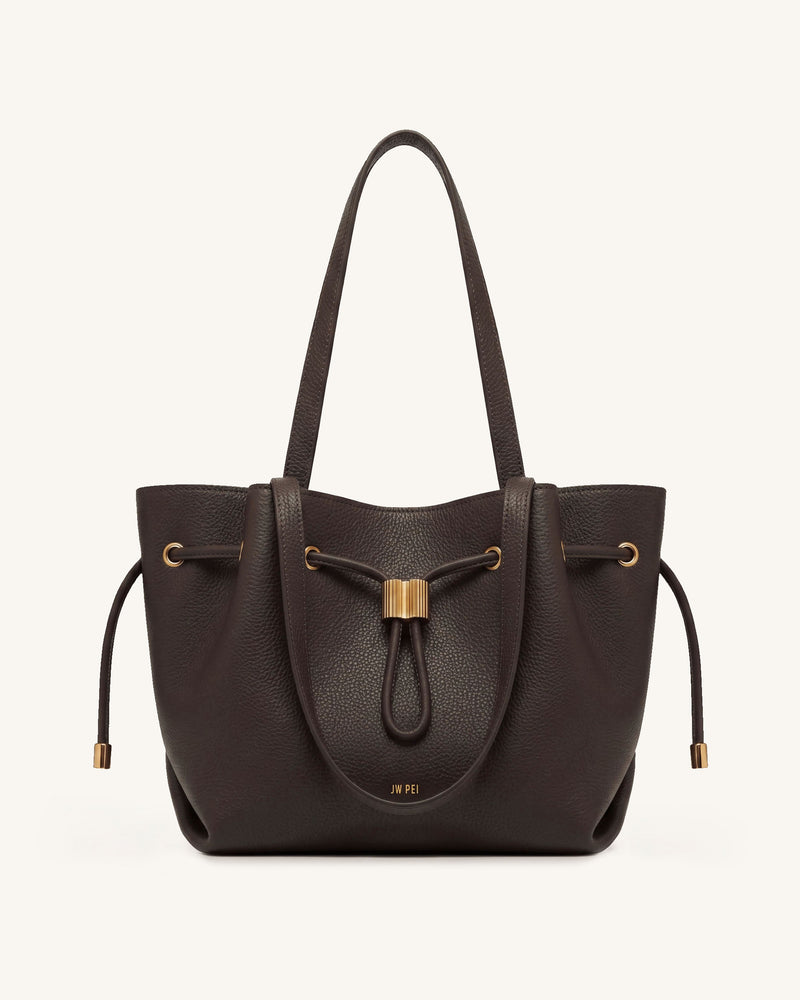 Celia Drawstring Pebbled Tote Bag - Dark Brown