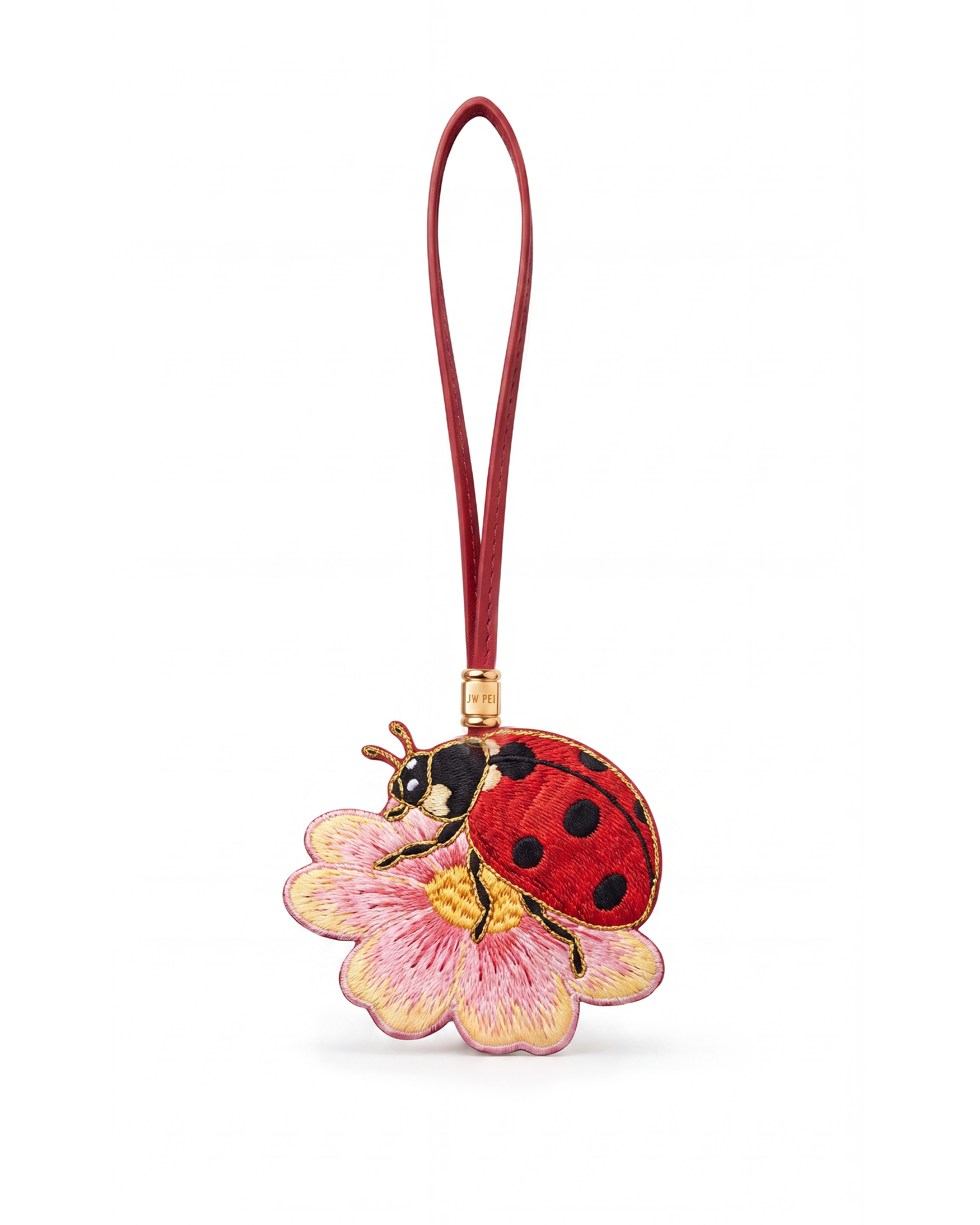 Embroidered Ladybug & Flower Bag Charm - Red