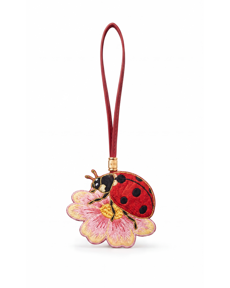 Embroidered Ladybug & Flower Bag Charm - Red
