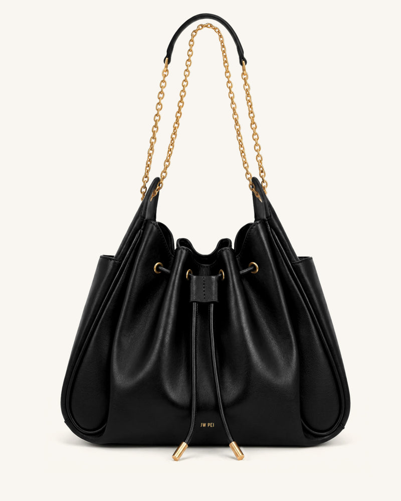 Rowan Large Ruched Drawstring Chain Bucket Bag - Black