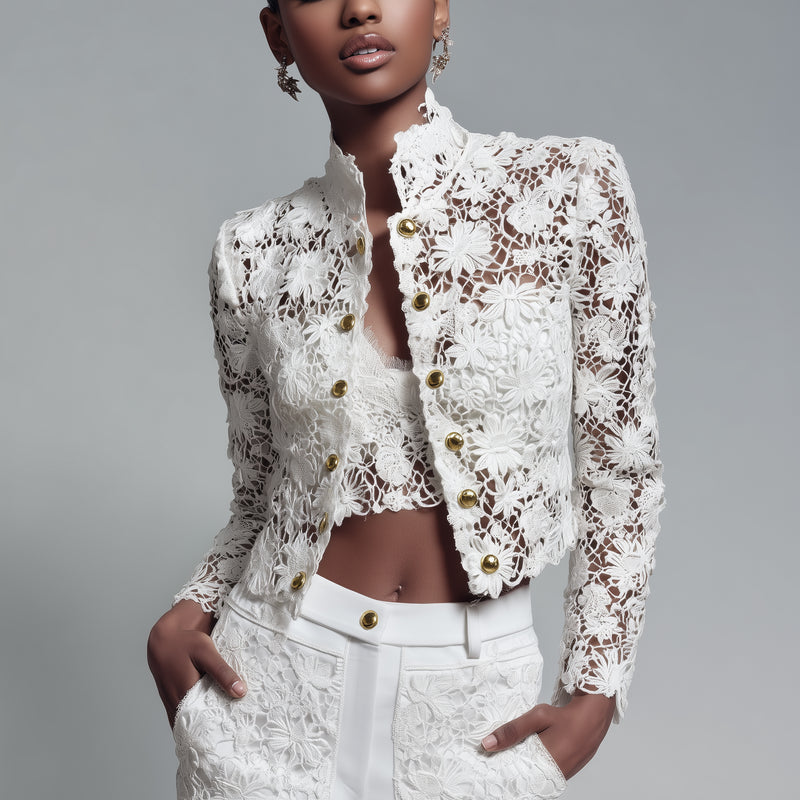 Floral Lace Cropped Jacket – White