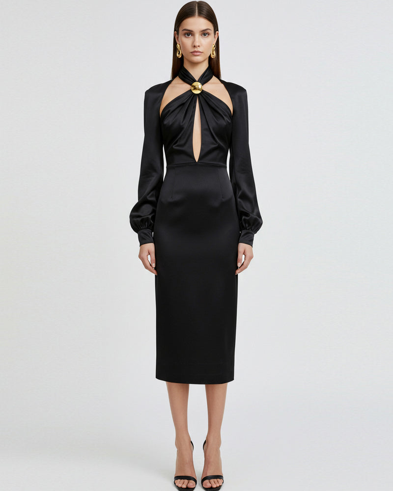 Twist Detail Satin Dress – Black