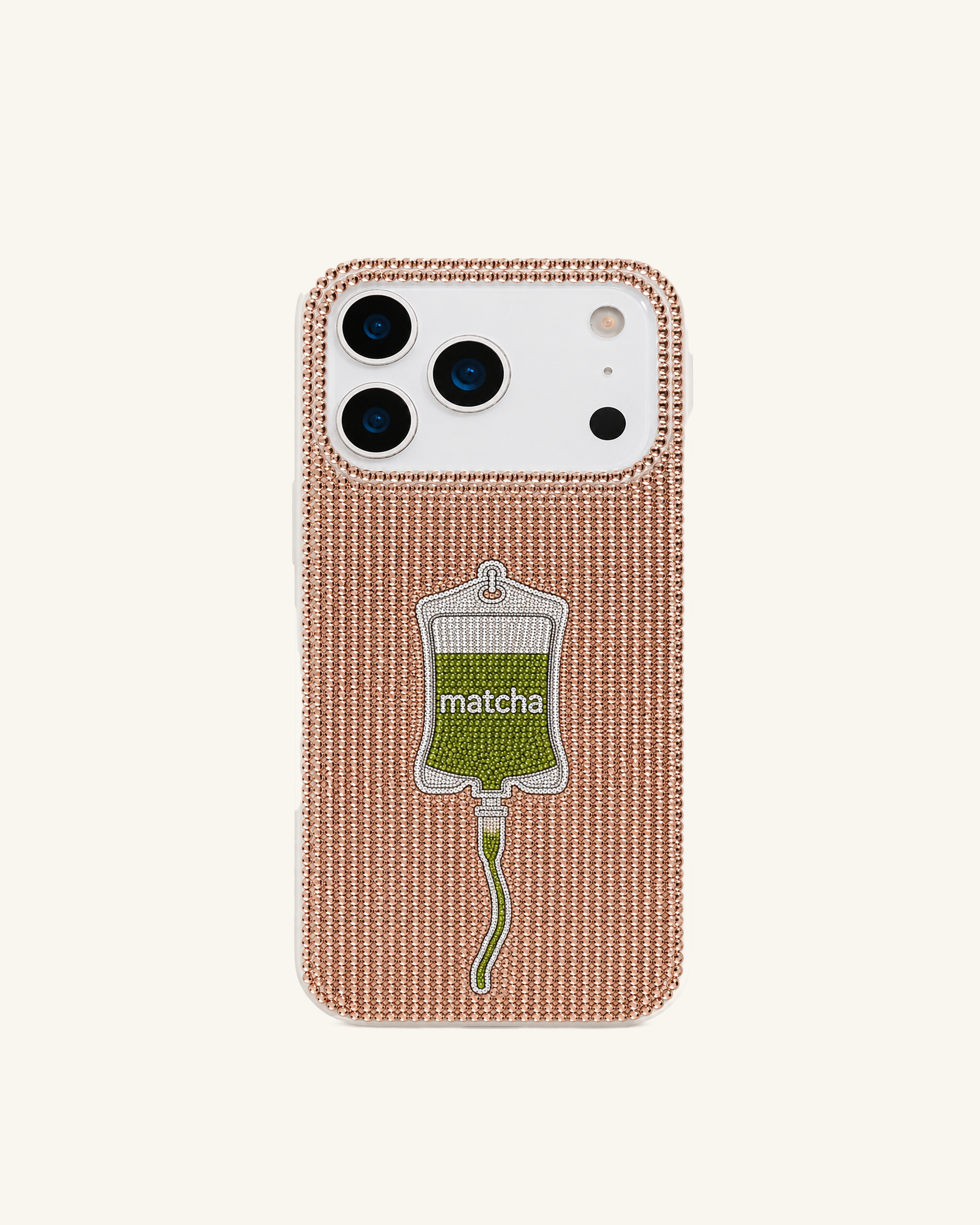 Matcha Drip Rhinestone Phone Case - Rose Gold