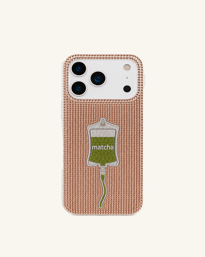 Matcha Drip Rhinestone Phone Case - Rose Gold