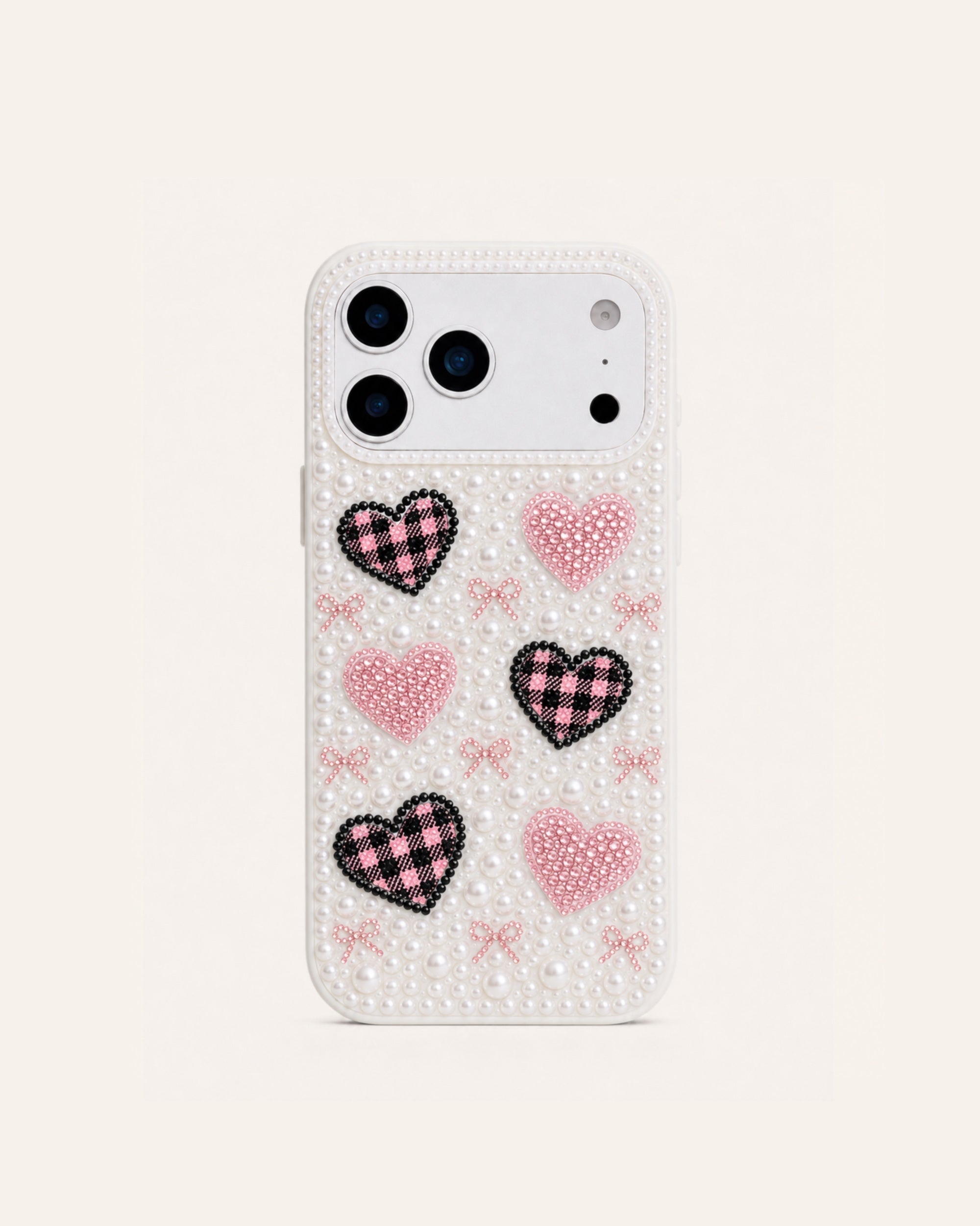 Gingham Heart Faux Pearl Phone Case - White