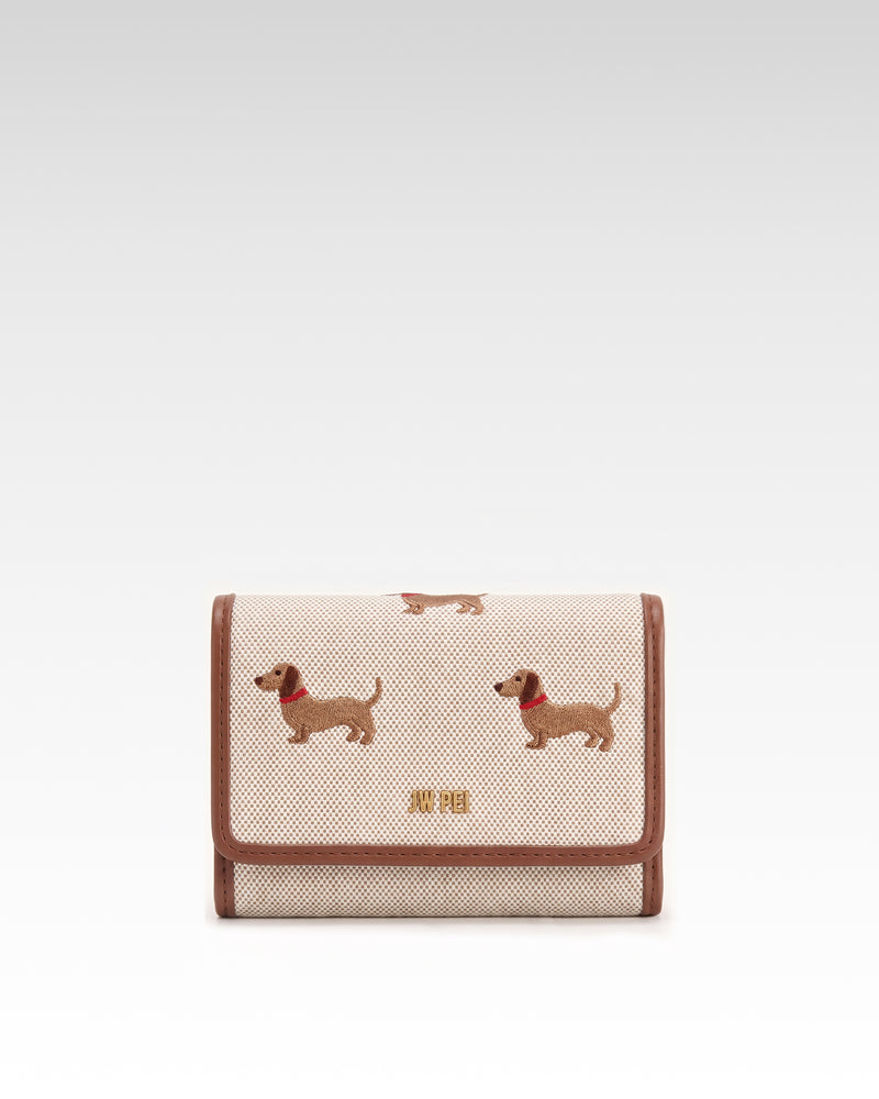 Dachshund Embroidered Canvas Wallet – Beige