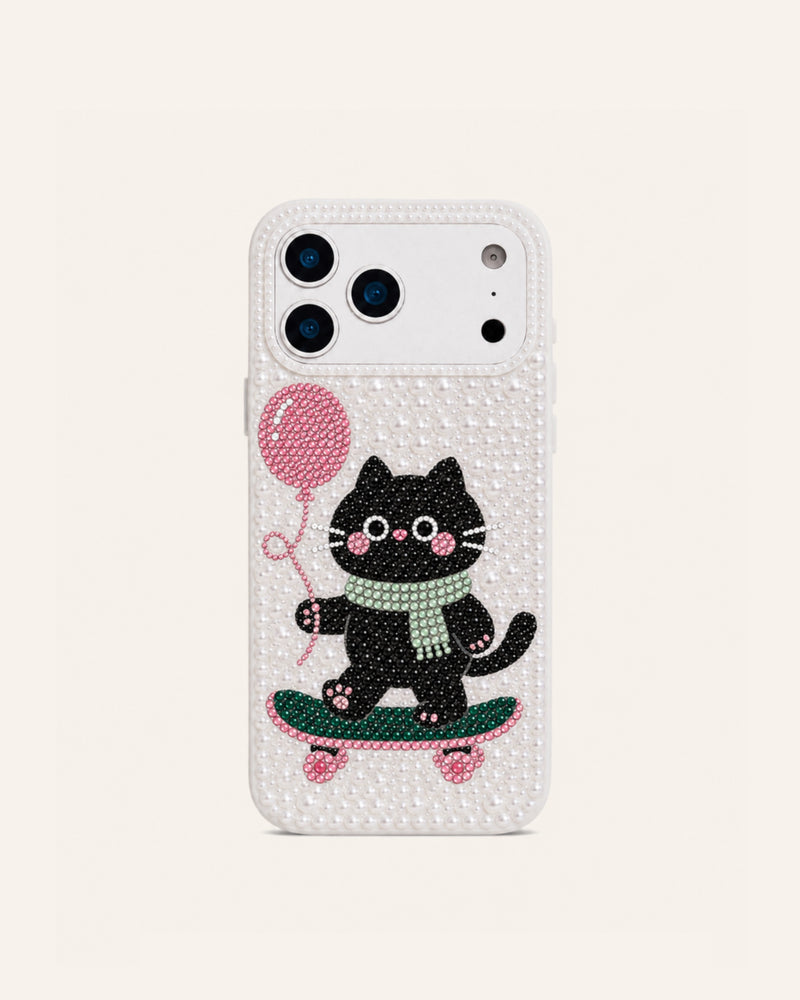 Skateboarding Cat Faux Pearl Phone Case - White