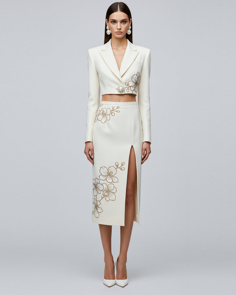 Floral Embroidery Cropped Suit – White