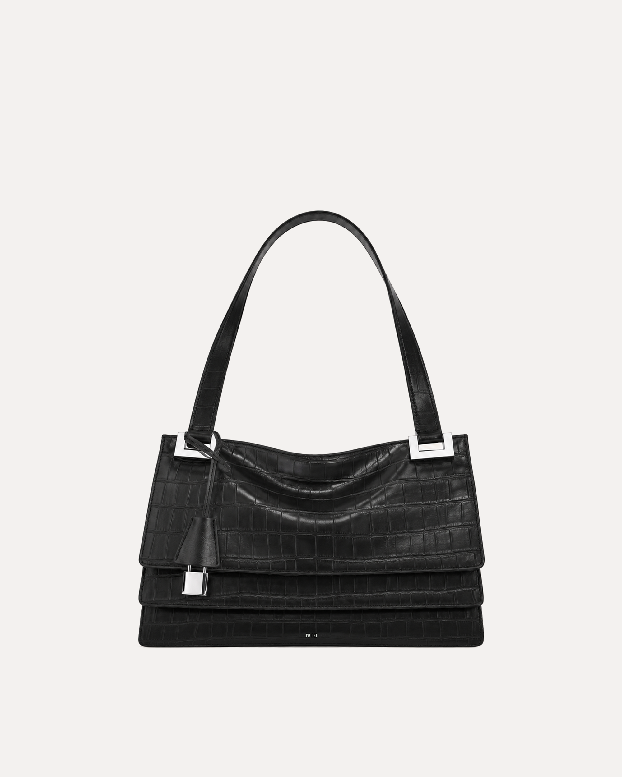 Croc Embossed Flap Shoulder Bag - Black