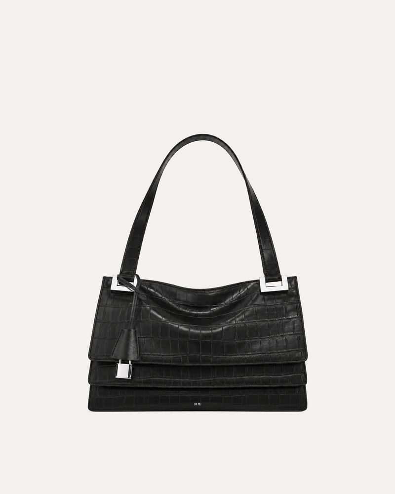 Croc Embossed Flap Shoulder Bag - Black