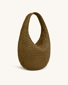 Nola Faux Suede Woven Hobo Shoulder Bag - Olive Green