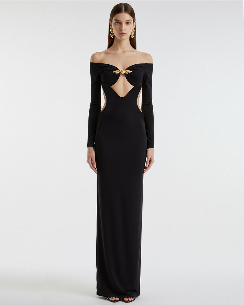 Off Shoulder Cutout Maxi Dress – Black