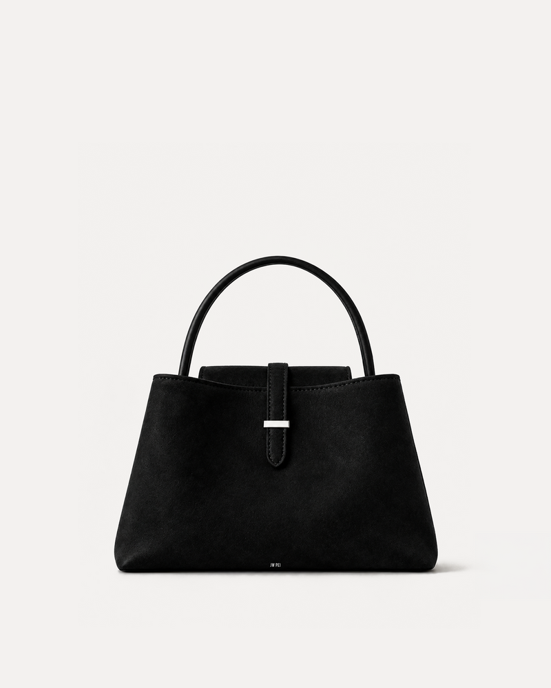 Riley Faux Suede Flap Top Handle Bag - Black