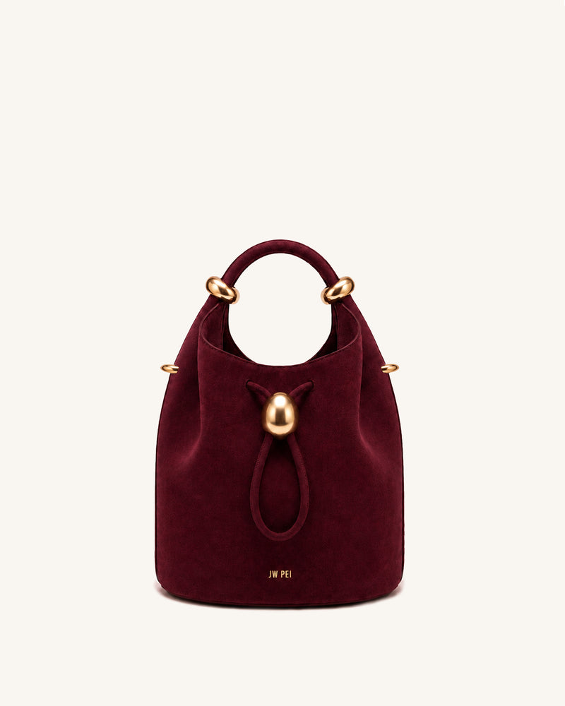 Ellie Faux Suede Metal Ring Drawstring Bucket Bag - Burgundy
