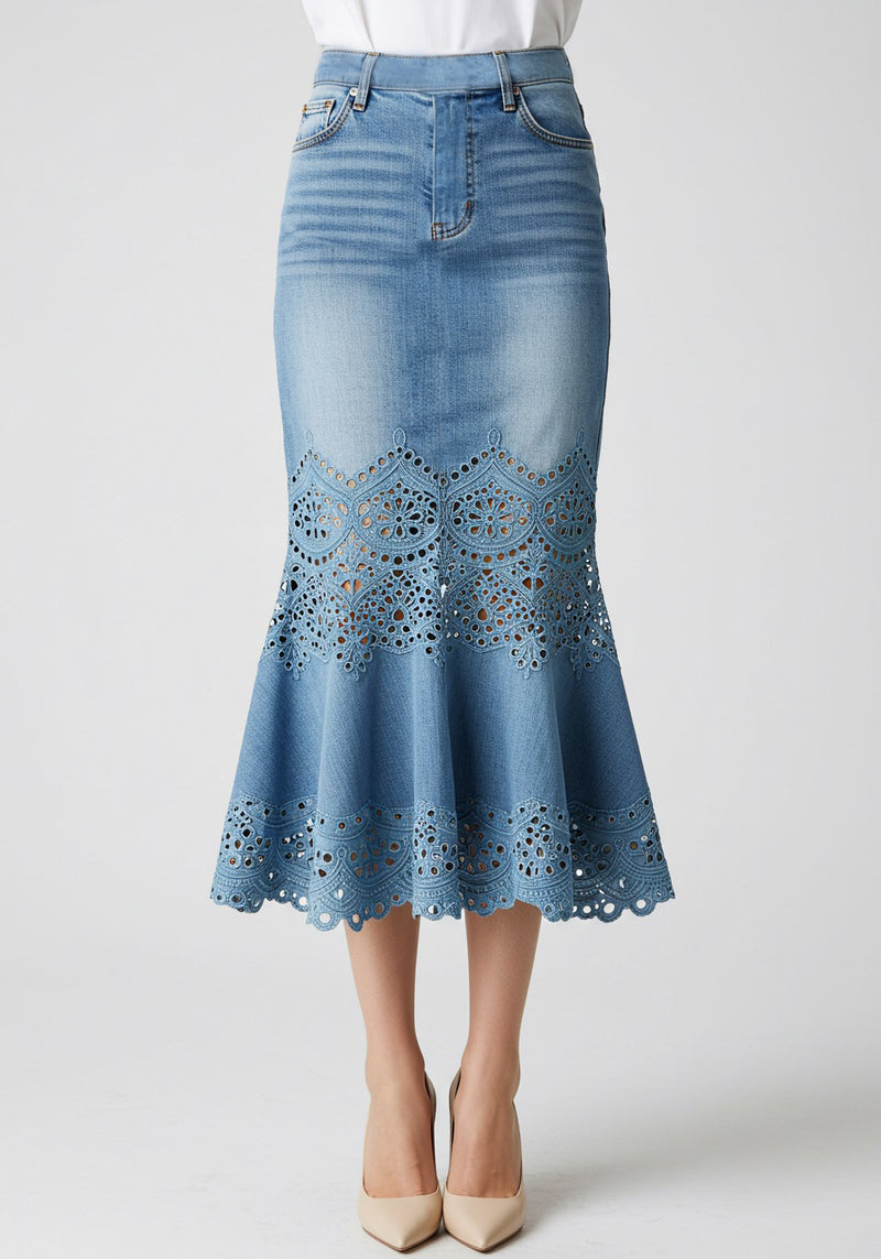 Laser Cut Denim Skirt – Blue