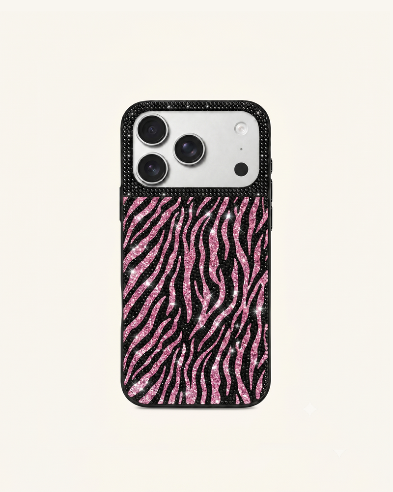 Pink Zebra Artificial Crystal Phone Case – Black