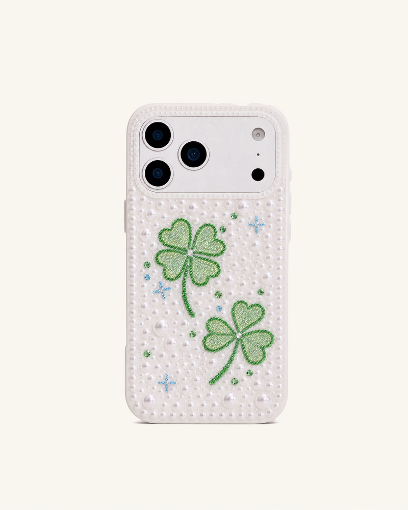 Pearl Artificial Crystal Clover Phone Case – White