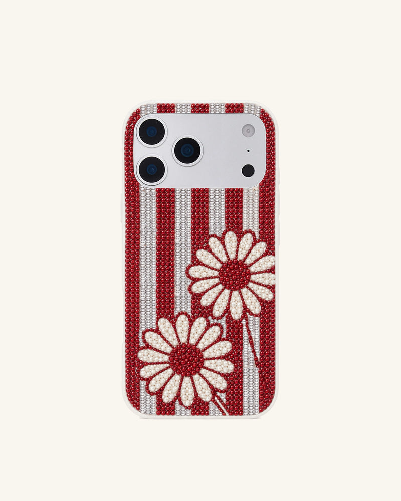 Daisy Stripe Artificial Crystal Phone Case - Red White